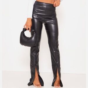 PrettyLittleThing Womn 6 Black Faux Leather High Rise Seam Detail Split Hem Pant